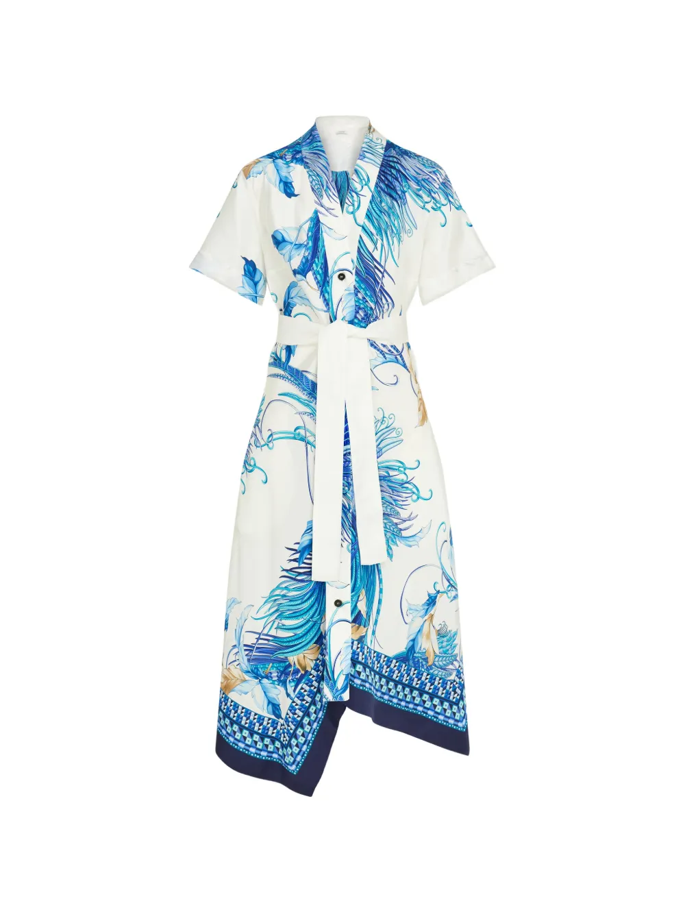 Ferragamo Abito midi asimmetrico con stampa piume - Bianco