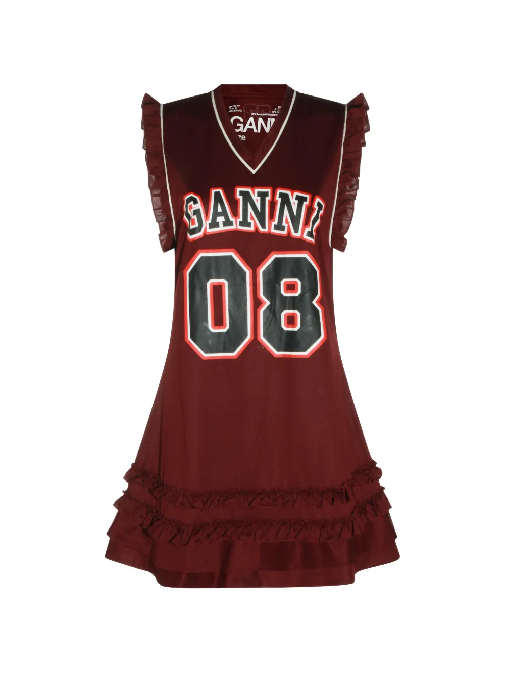 GANNI ruffle-trim logo-print mini dress - Rosso