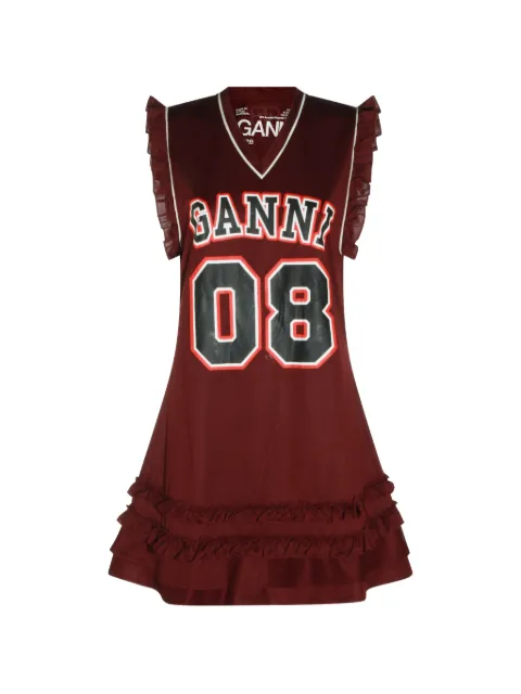 GANNI ruffle-trim logo-print mini dress