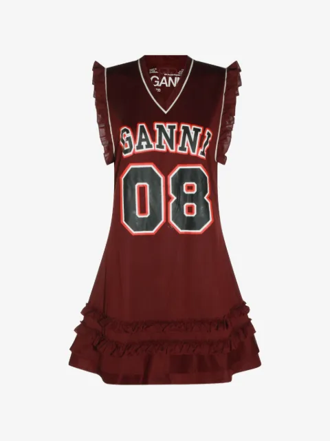 GANNI ruffle-trim logo-print mini dress