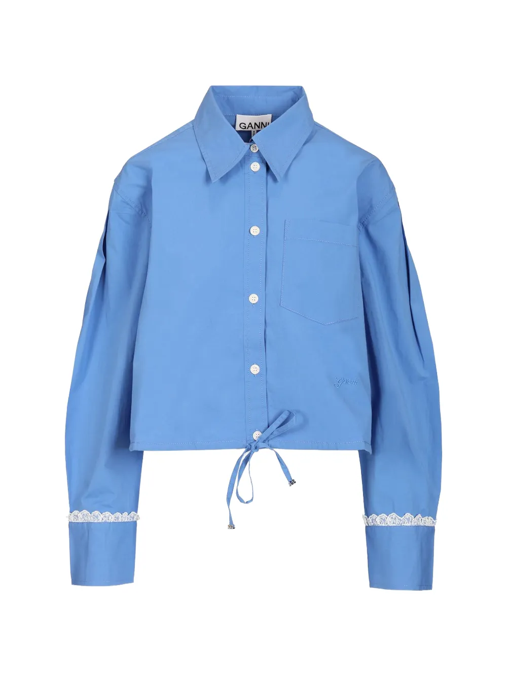 GANNI lace-trim crop shirt - Blau