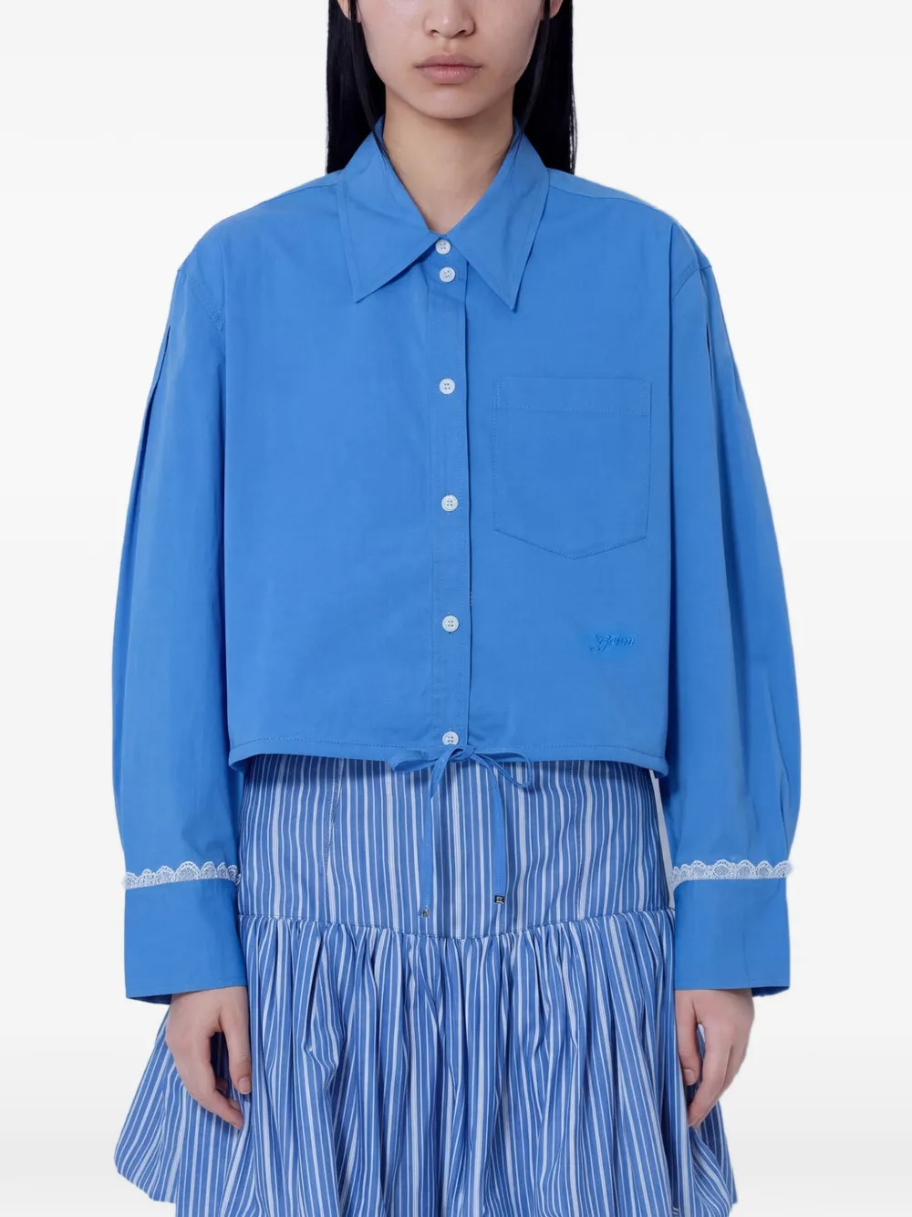 GANNI lace-trim crop shirt - Blau