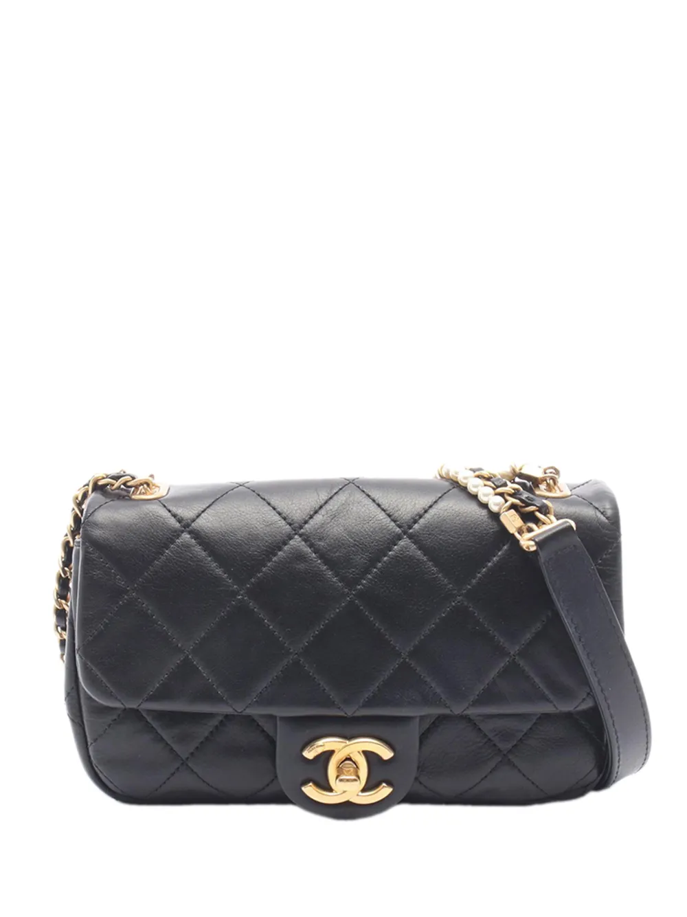 CHANEL Pre-Owned Borsa a tracolla Crystal Pearls Flap in pelle di vitello trapuntata mini 2020 - Nero