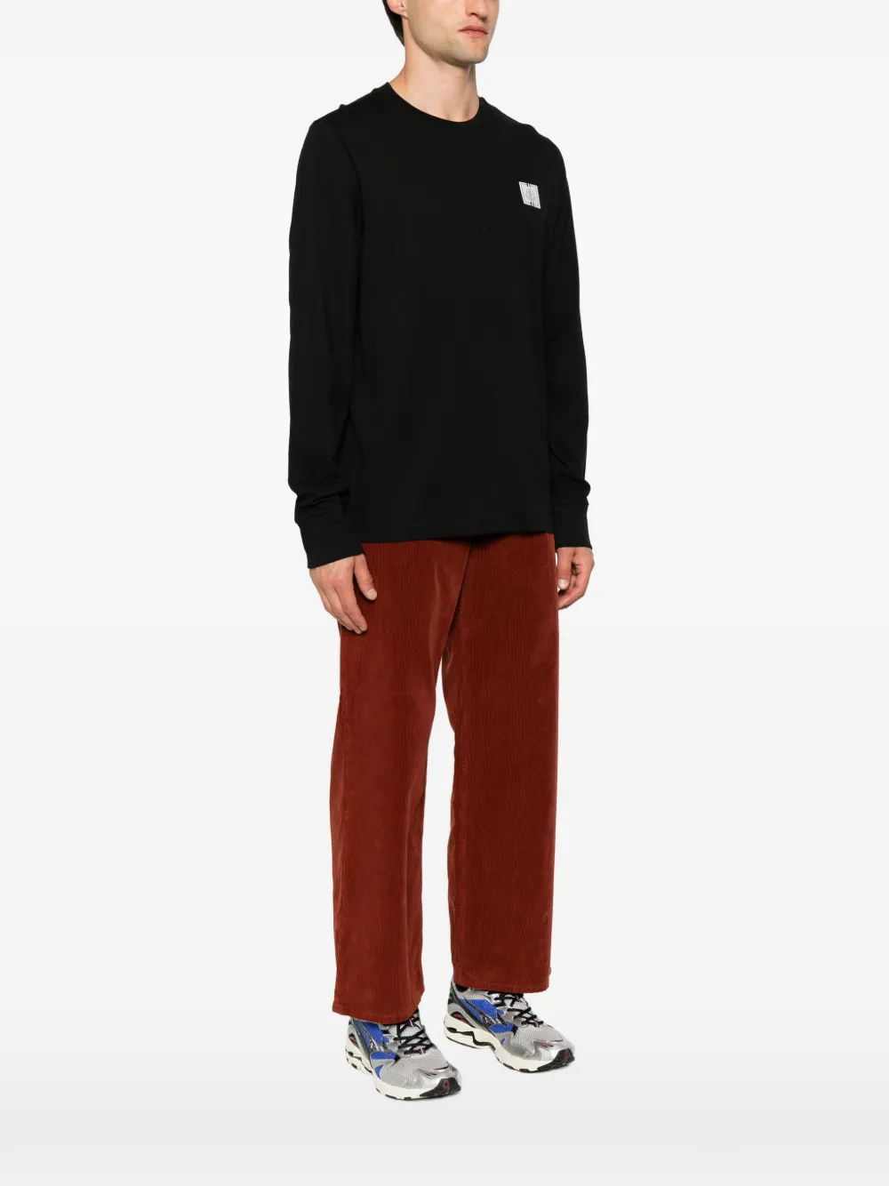 Moncler Driekleurig katoenen T-shirt met logo en lange mouwen Zwart