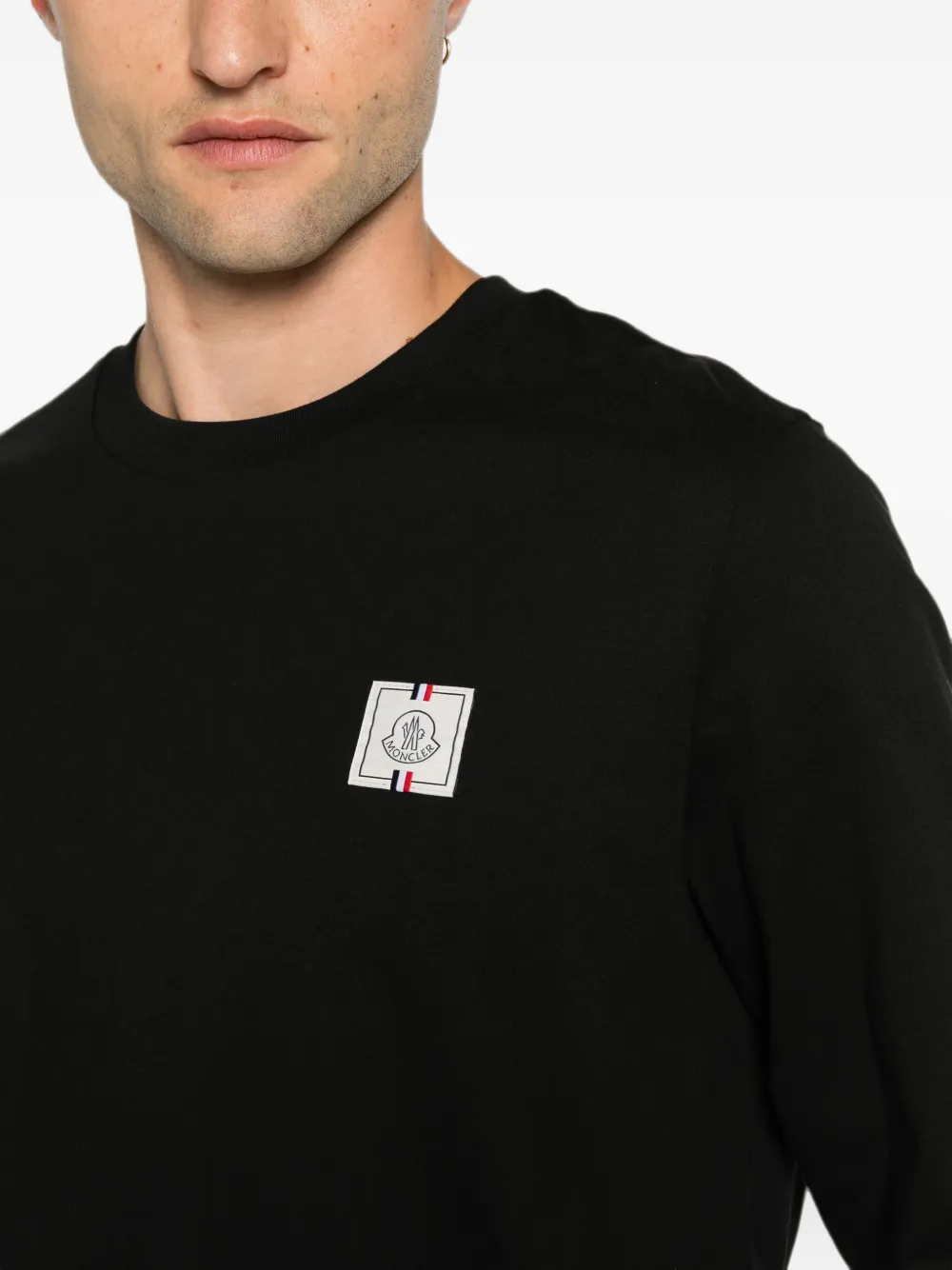 Moncler Driekleurig katoenen T-shirt met logo en lange mouwen Zwart