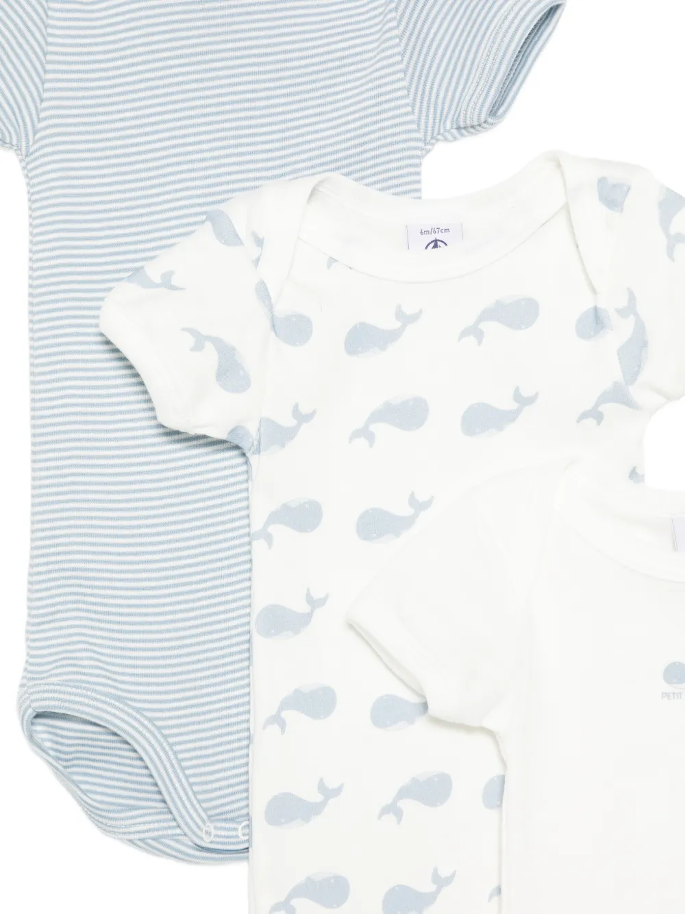 Petit Bateau Drie gestreepte rompers met walvis-print Blauw