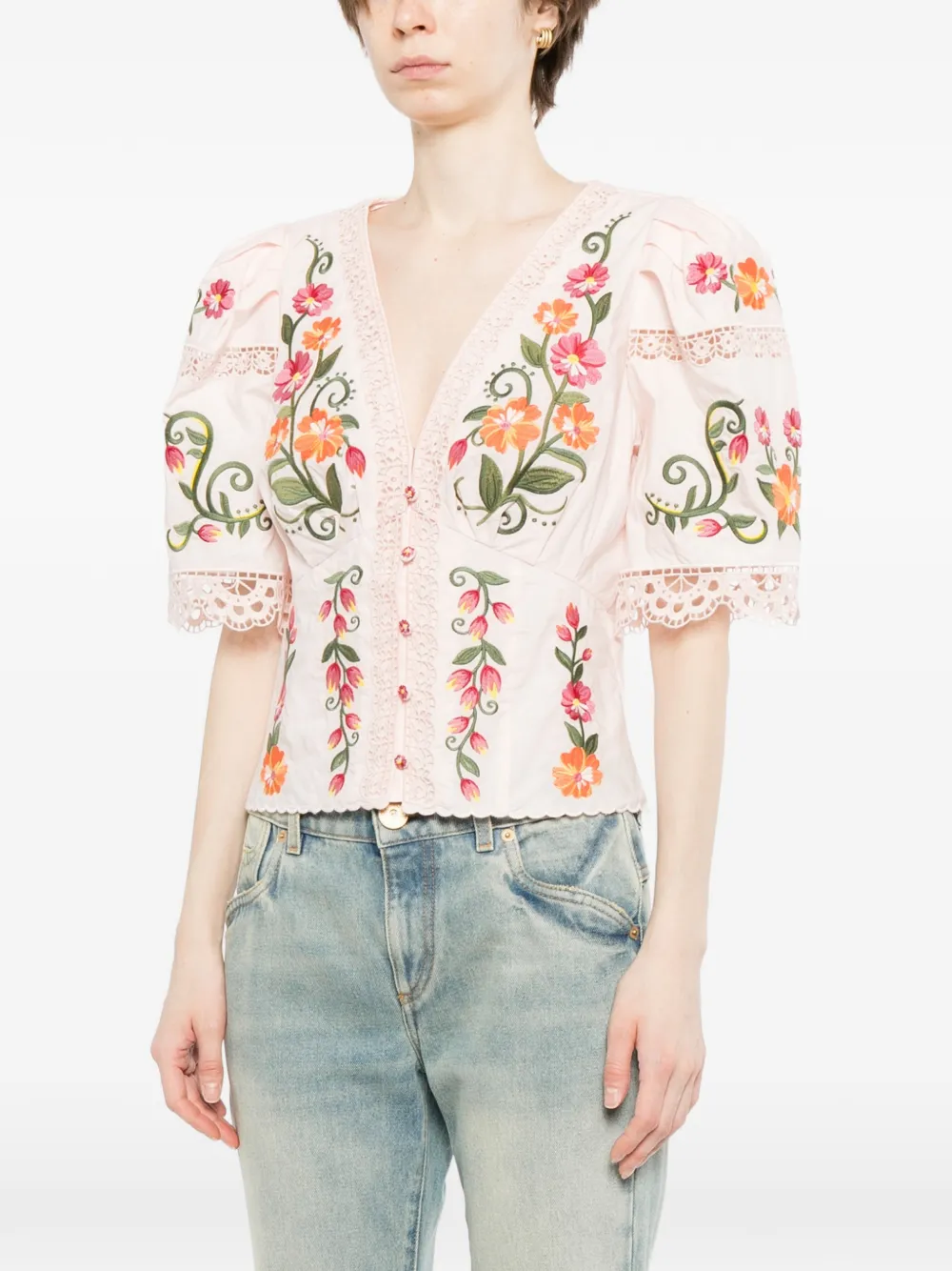FARM Rio Blouse met pofmouwen en geborduurde bloemen Roze
