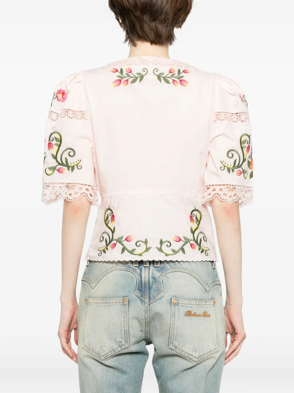 FARM Rio Blouse met pofmouwen en geborduurde bloemen Roze