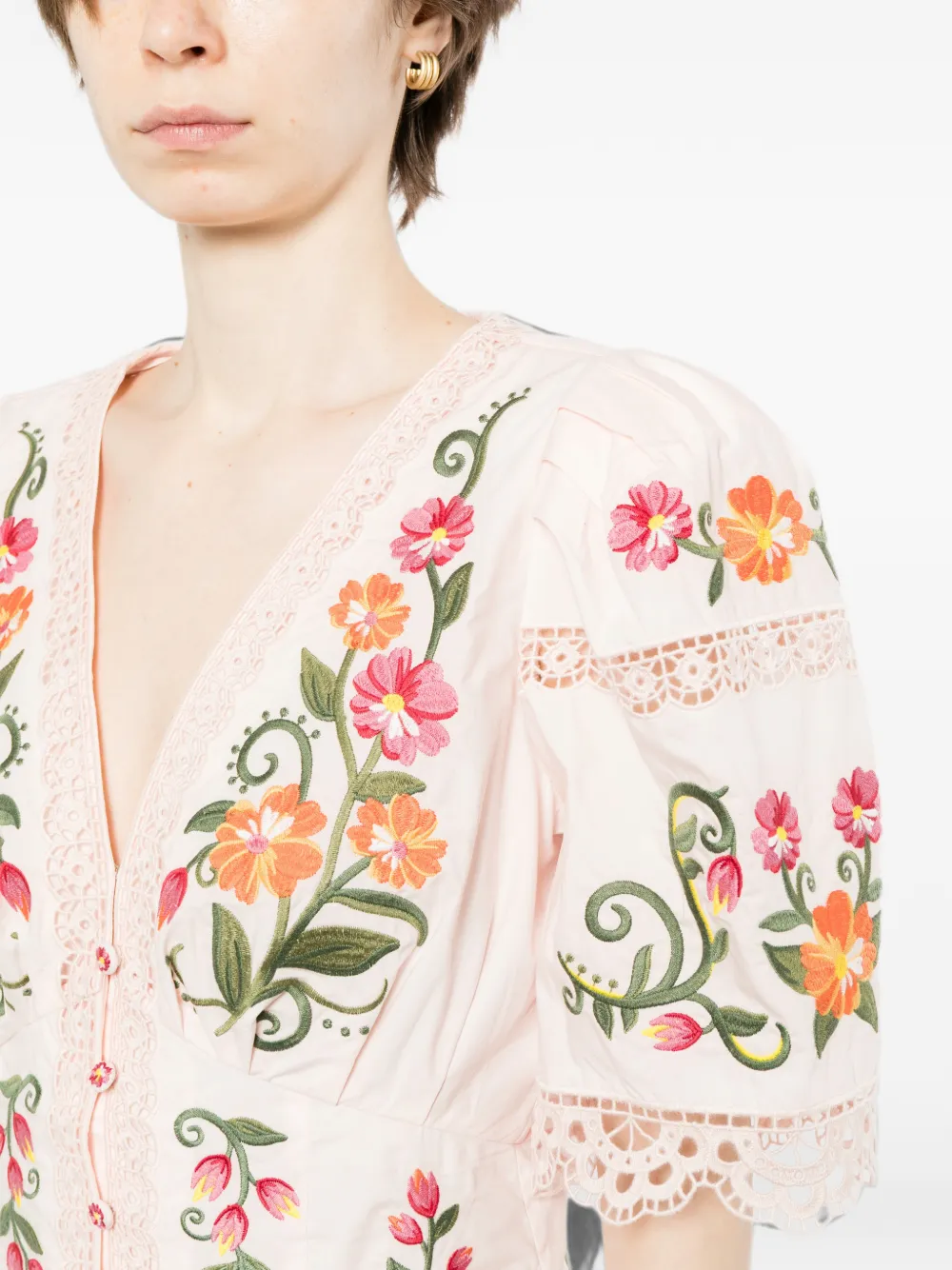 FARM Rio Blouse met pofmouwen en geborduurde bloemen Roze