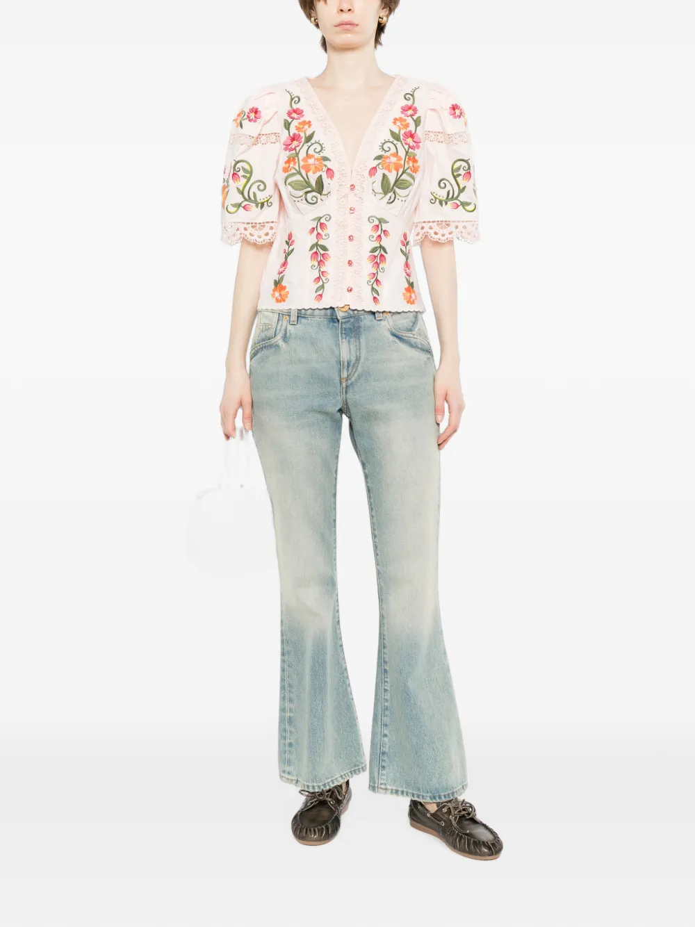 FARM Rio Blouse met pofmouwen en geborduurde bloemen Roze