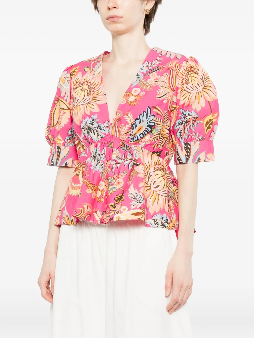 FARM Rio Ligia katoenen blouse met pofmouwen en bloemen Roze