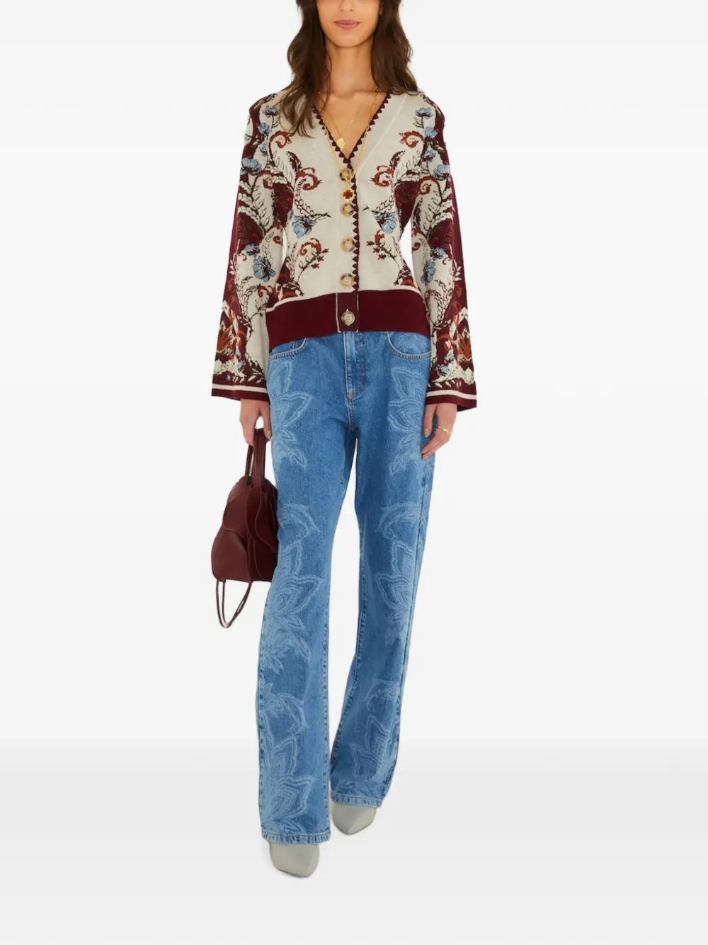 FARM Rio Vest met bloemen-intarsia en gewelfde afwerking Beige