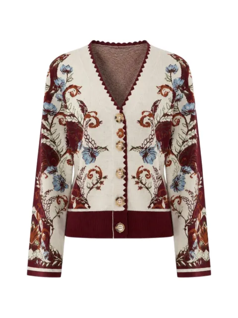 FARM Rio floral-intarsia scalloped cardigan