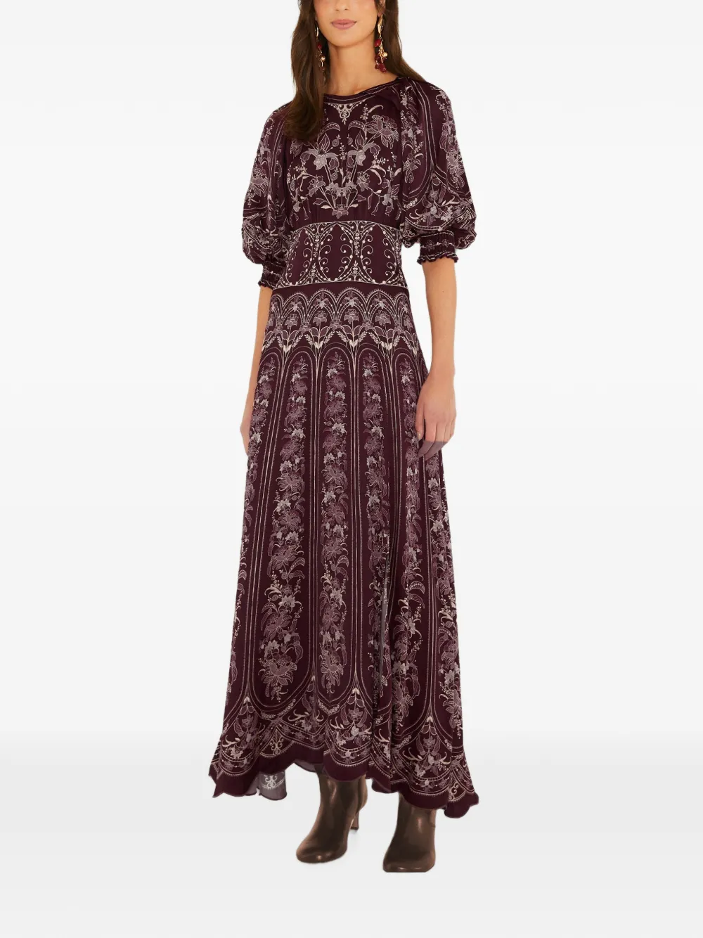 FARM Rio Maxi-jurk met pofmouwen en bloemenprint Paars