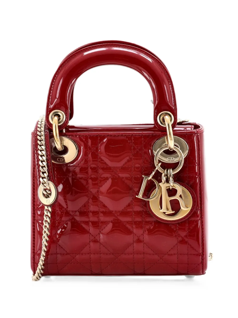 Christian Dior Pre-Owned Borsa a tracolla Lady Dior mini in pelle verniciata trapuntata con motivo Cannage e catena - Rosso