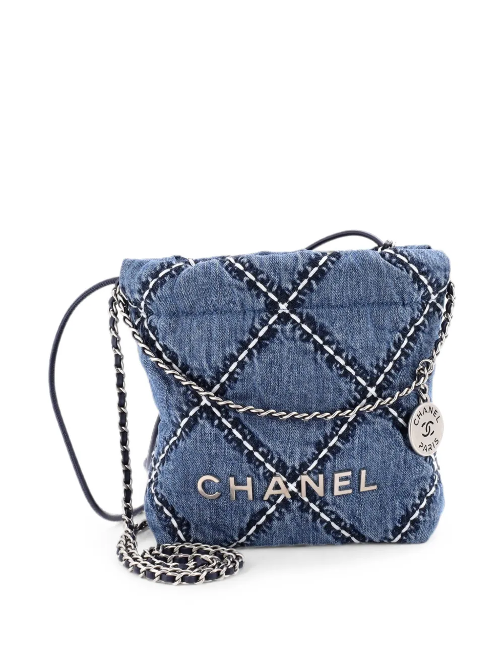 CHANEL Pre-Owned Borsa passepartout 22 mini in denim trapuntato con catena - Blu