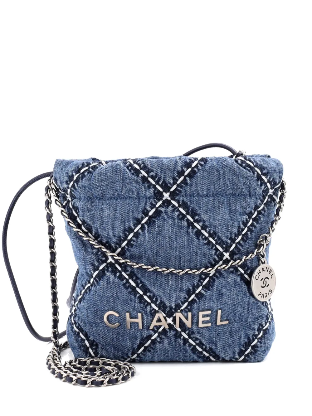 CHANEL Pre-Owned 22 Chain Quilted Stitched Denim Mini hobo bag - Blue