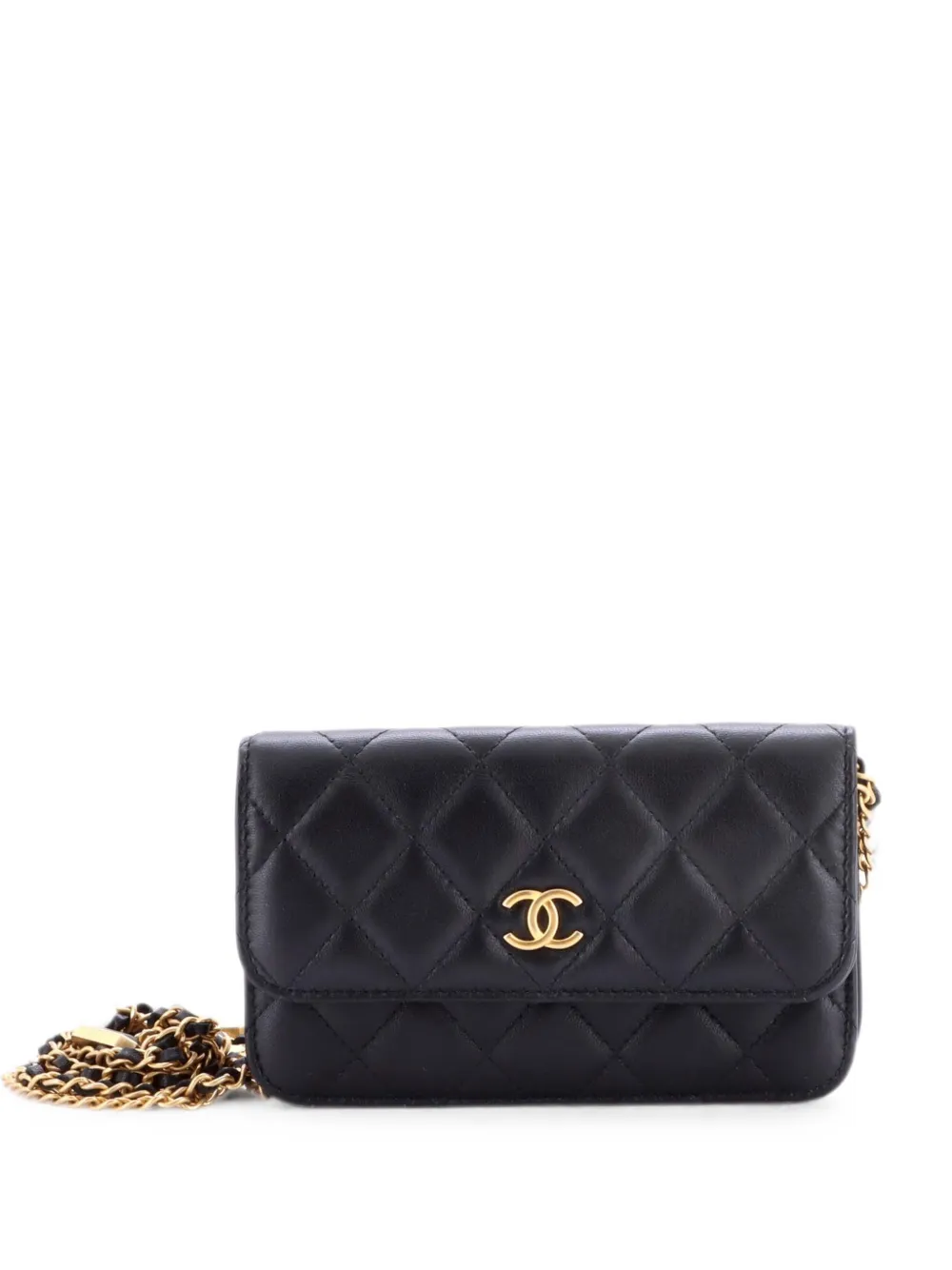 Pre-owned Chanel Medallion Charm Chain Phone Holder Quilted Lambskin Shoulder Bag In Black