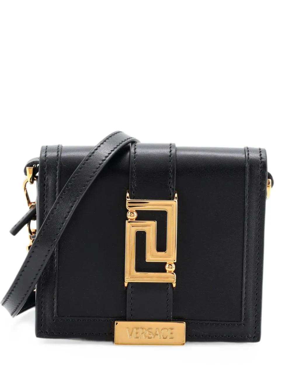 Pre-owned Versace Greca Goddess Wallet On Chain Leather Mini Crossbody Bag In Black