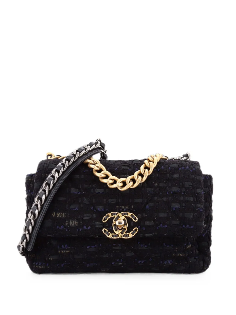CHANEL Pre-Owned Borsa a spalla 19 media in tweed trapuntato con nastro - Nero