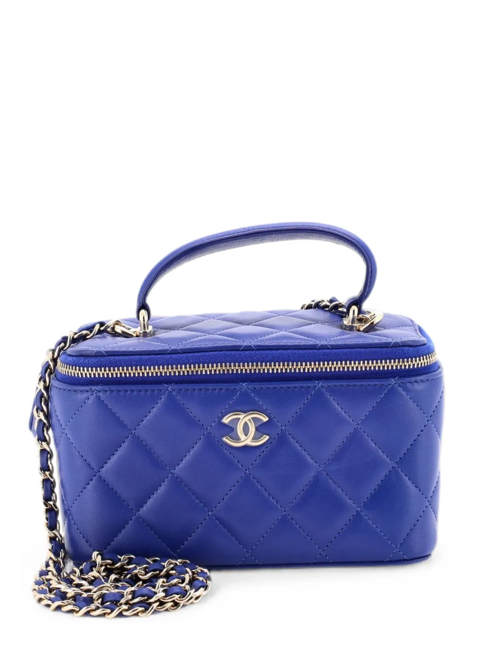 CHANEL Pre-Owned Borsa a tracolla Vanity Case mini in pelle di agnello trapuntata con manico - Blu