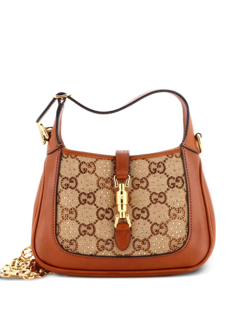 Gucci Pre-Owned Borsa passepartout Jackie 1961 mini in tela GG con cristalli e catena - Marrone