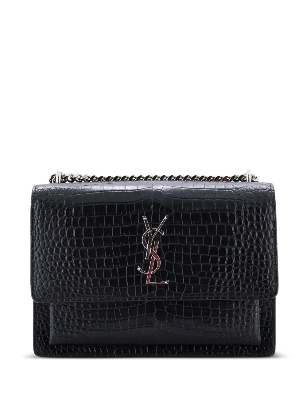 Saint Laurent Pre-Owned Borsa a tracolla Sunset media in pelle goffrata effetto coccodrillo - Nero