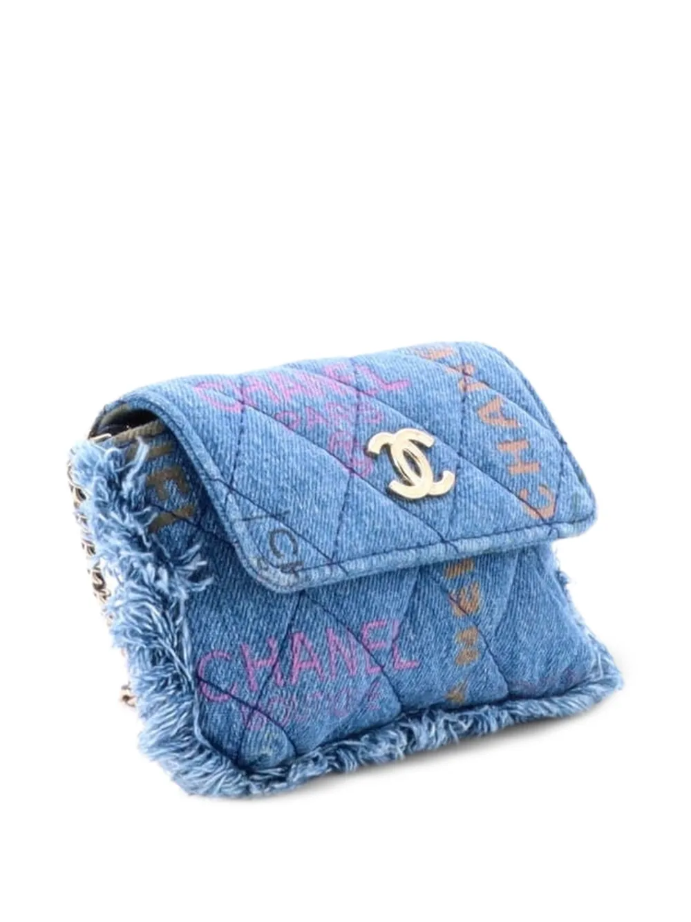 CHANEL Pre-Owned Denim Mood Flap Clutch with Chain Logo Printed Quilted Fringe Denim crossbody bag - Blue