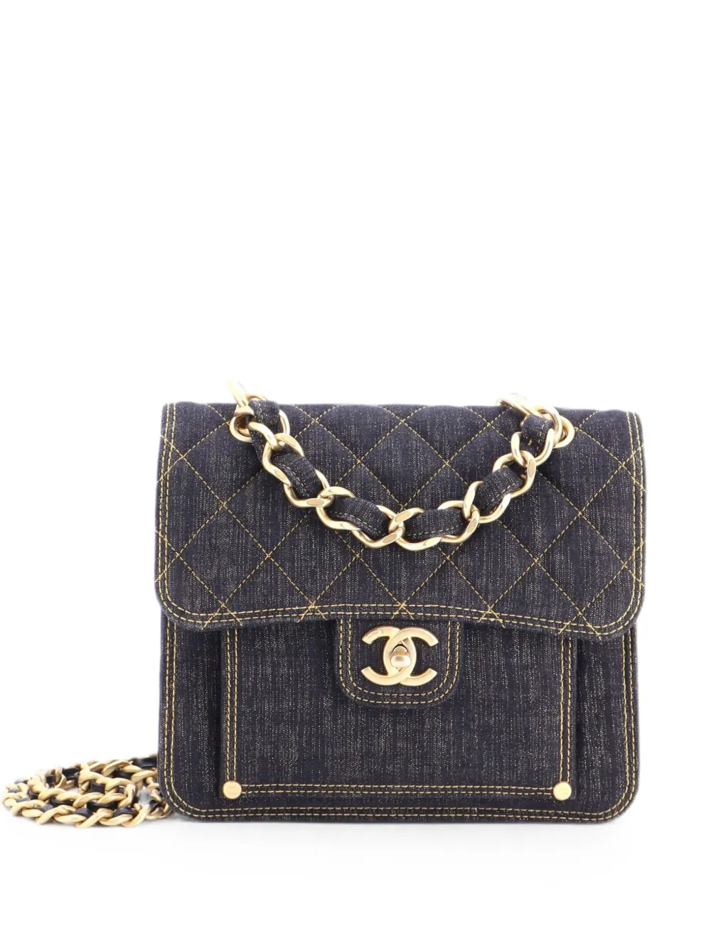 CHANEL Pre-Owned Borsa a spalla Double You CC media in denim trapuntato con battente - Blu