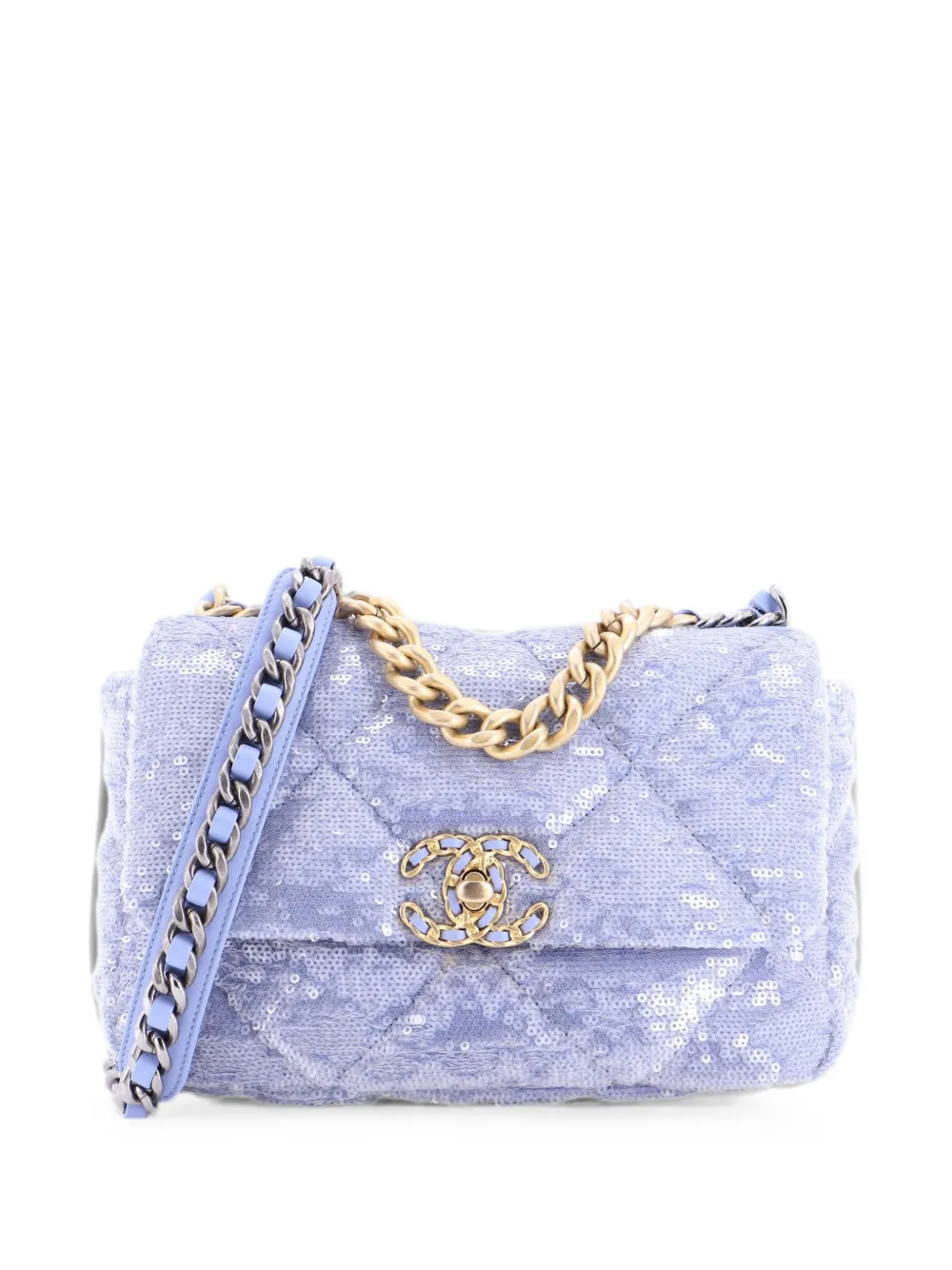 CHANEL Pre-Owned Borsa a spalla 19 media trapuntata con battente e paillettes - Blu