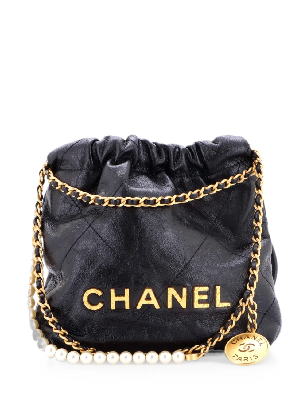 CHANEL Pre-Owned Borsa a tracolla 22 mini in pelle di vitello trapuntata con catena e perle - Nero