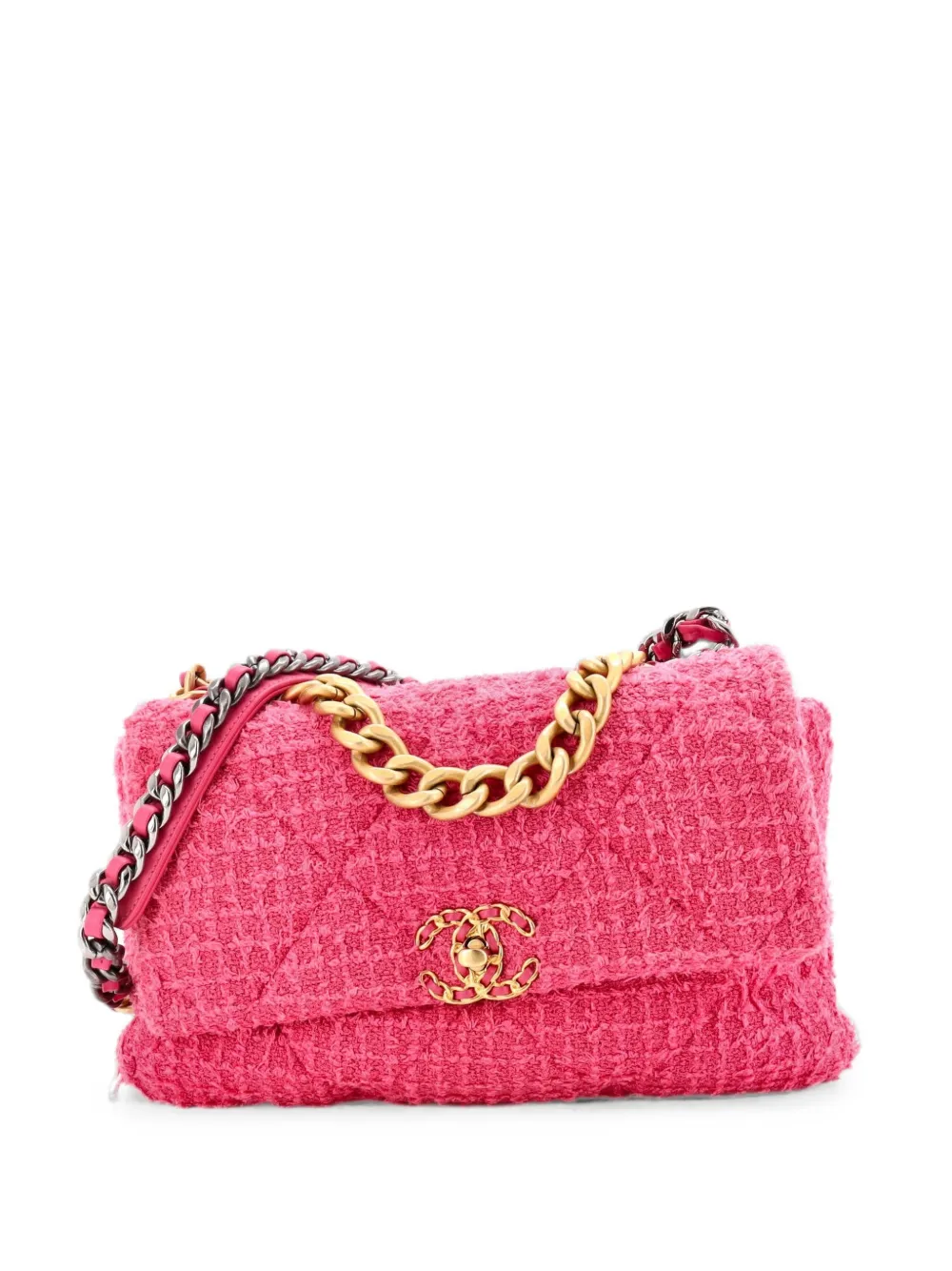 CHANEL Pre-Owned Borsa a tracolla 19 grande in tweed trapuntato con battente - Rosa