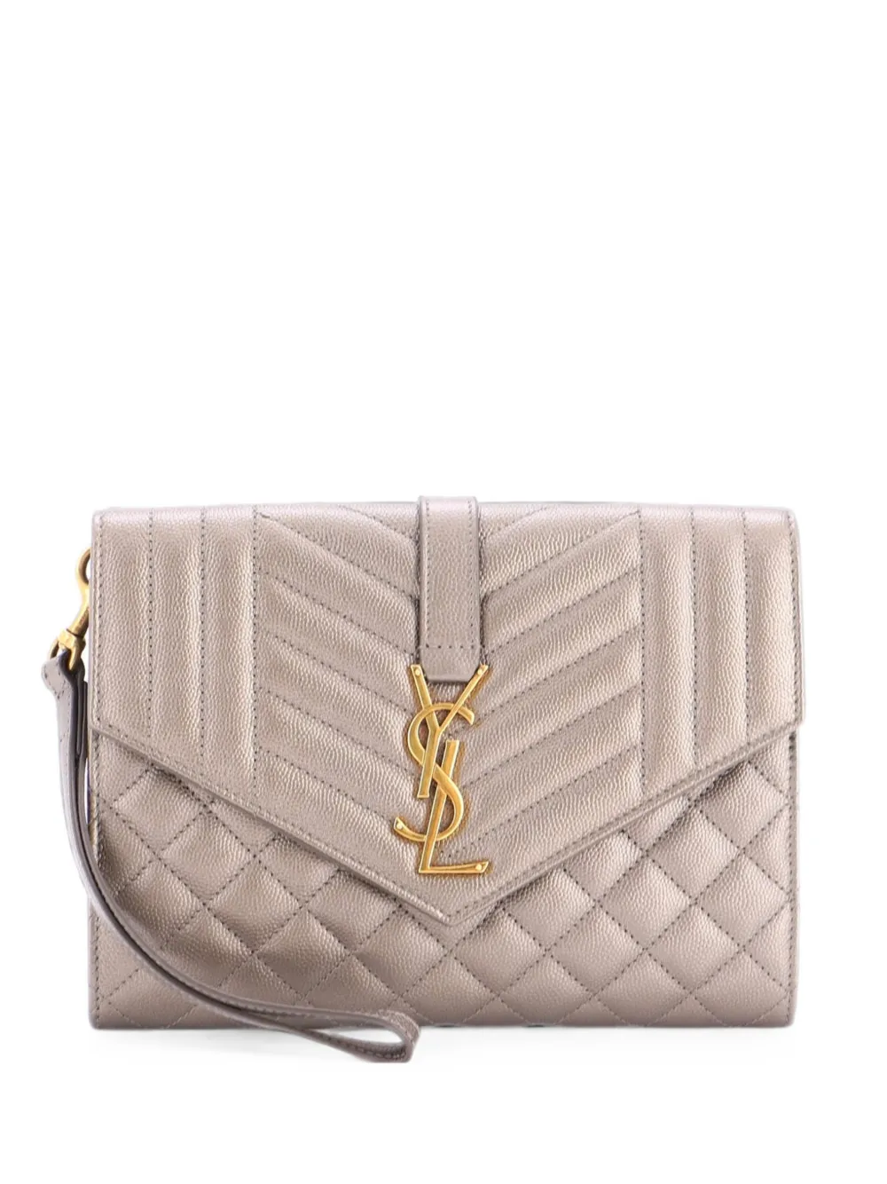 Saint Laurent Pre-Owned Clutch Classic Monogram Envelope in pelle matelassé con motivo chevron e cinturino da polso - Effetto metallizzato