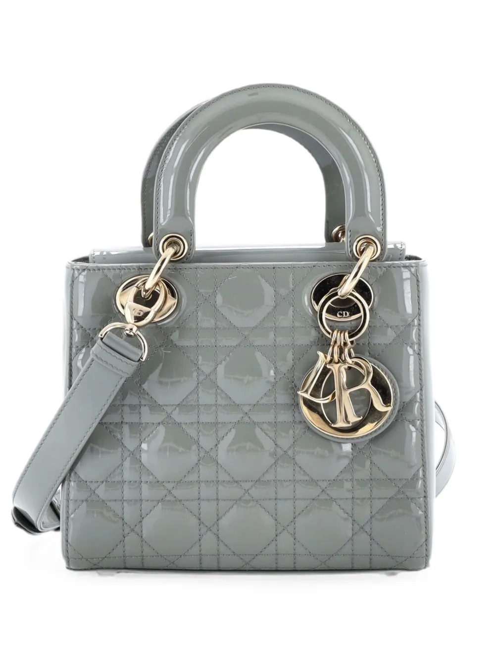 Christian Dior Pre-Owned Borsa a tracolla Lady Dior piccola trapuntata in pelle verniciata con motivo Cannage - Grigio