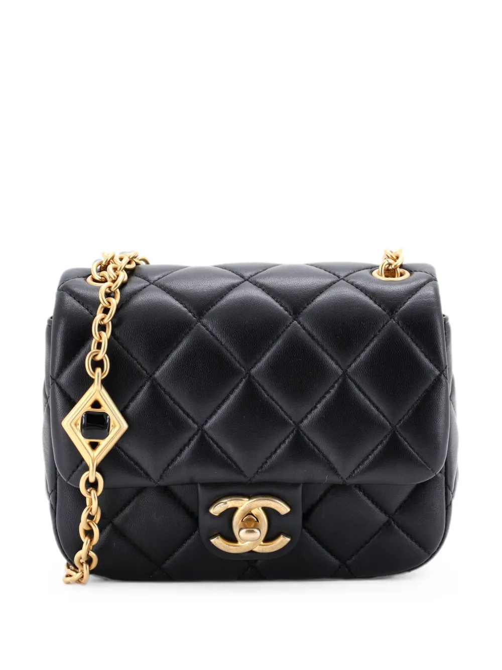 Pre-owned Chanel Cc Enamel Pearl Charm Me Square Flap Bag Quilted Lambskin Mini Crossbody Bag In Black