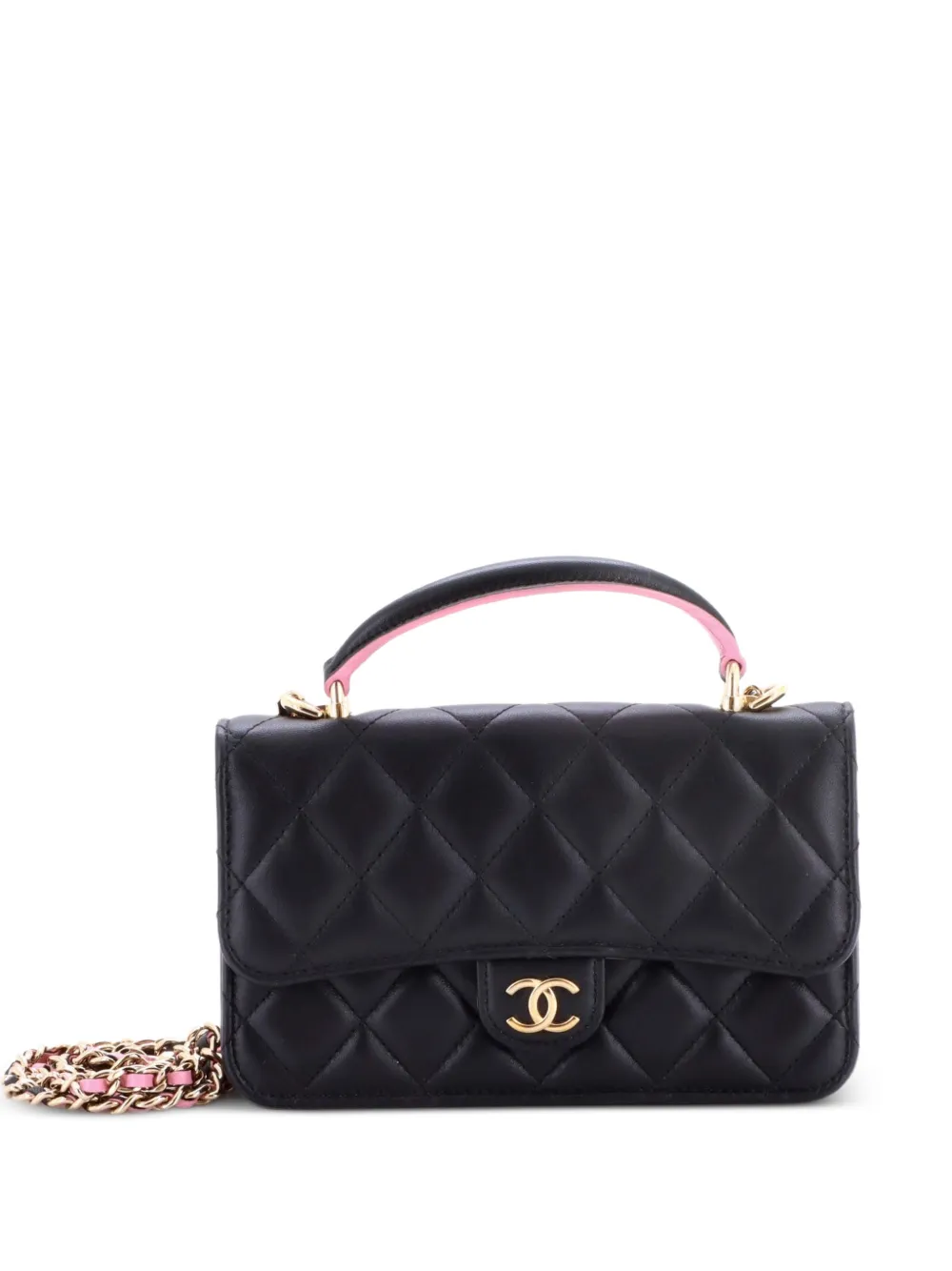 CHANEL Pre-Owned Classic Top Handle Flap Phone Holder with Chain Quilted Lambskin crossbody bag - Black