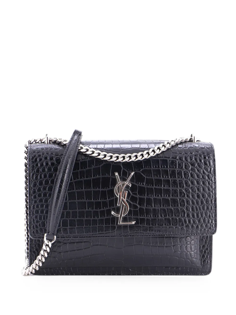 Saint Laurent Pre-Owned Borsa a tracolla Sunset media in pelle goffrata effetto coccodrillo - Nero