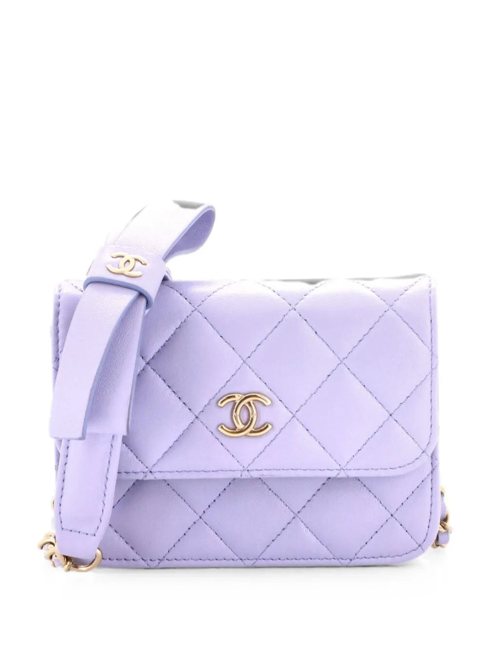 CHANEL Pre-Owned Bow Strap Card Holder on Chain Quilted Lambskin clutch bag - Purple