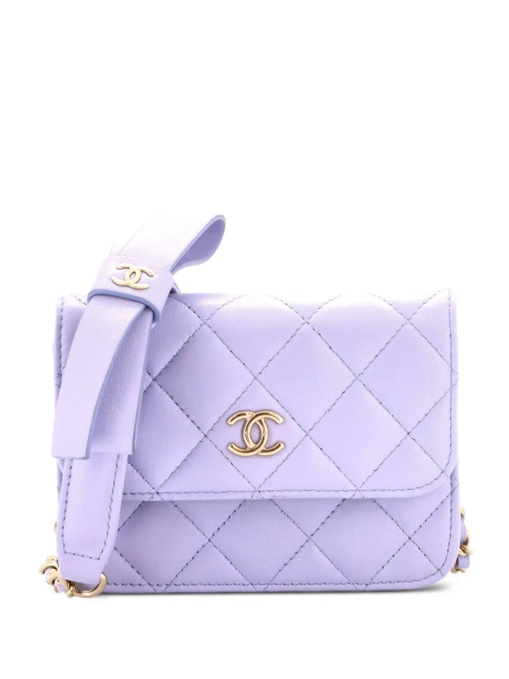 CHANEL Pre-Owned Bow Strap Card Holder on Chain Quilted Lambskin clutch bag - Purple