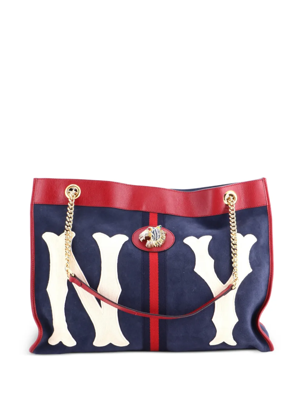 Gucci Pre-Owned Borsa tote Rajah grande in pelle scamosciata con applicazione e catena - Blu