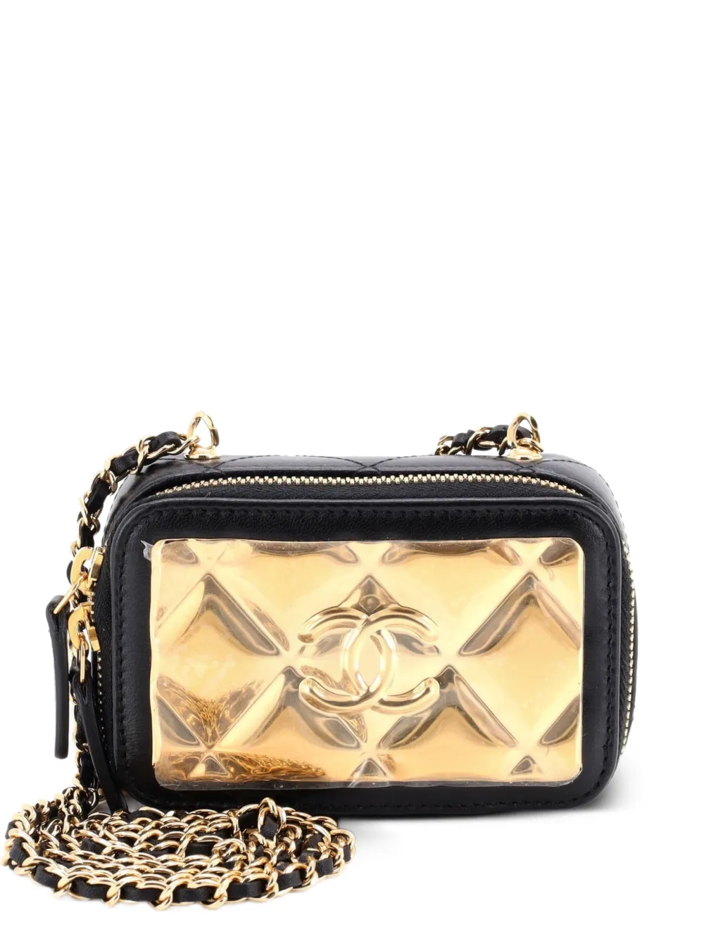 CHANEL Pre-Owned Golden Plate Zip Around Vanity Case with Chain Quilted Metal and Lambskin Extra Mini clutch bag - Black
