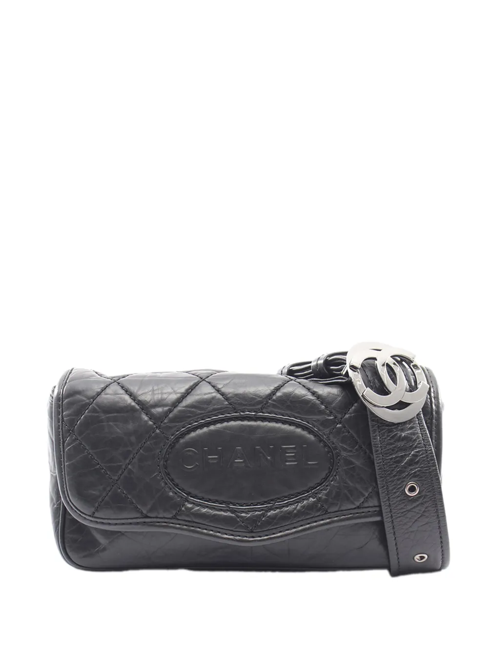Pre-owned Chanel 2005-2006 Cc Aged Calfskin Logo Flap Belt Bag In Black