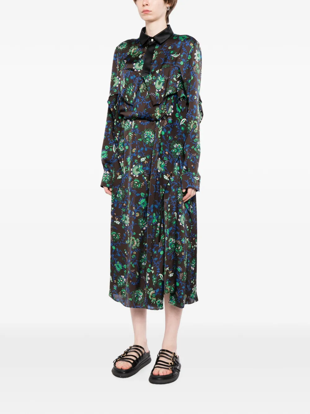 sacai Jurk met bloemenprint en ruches Bruin