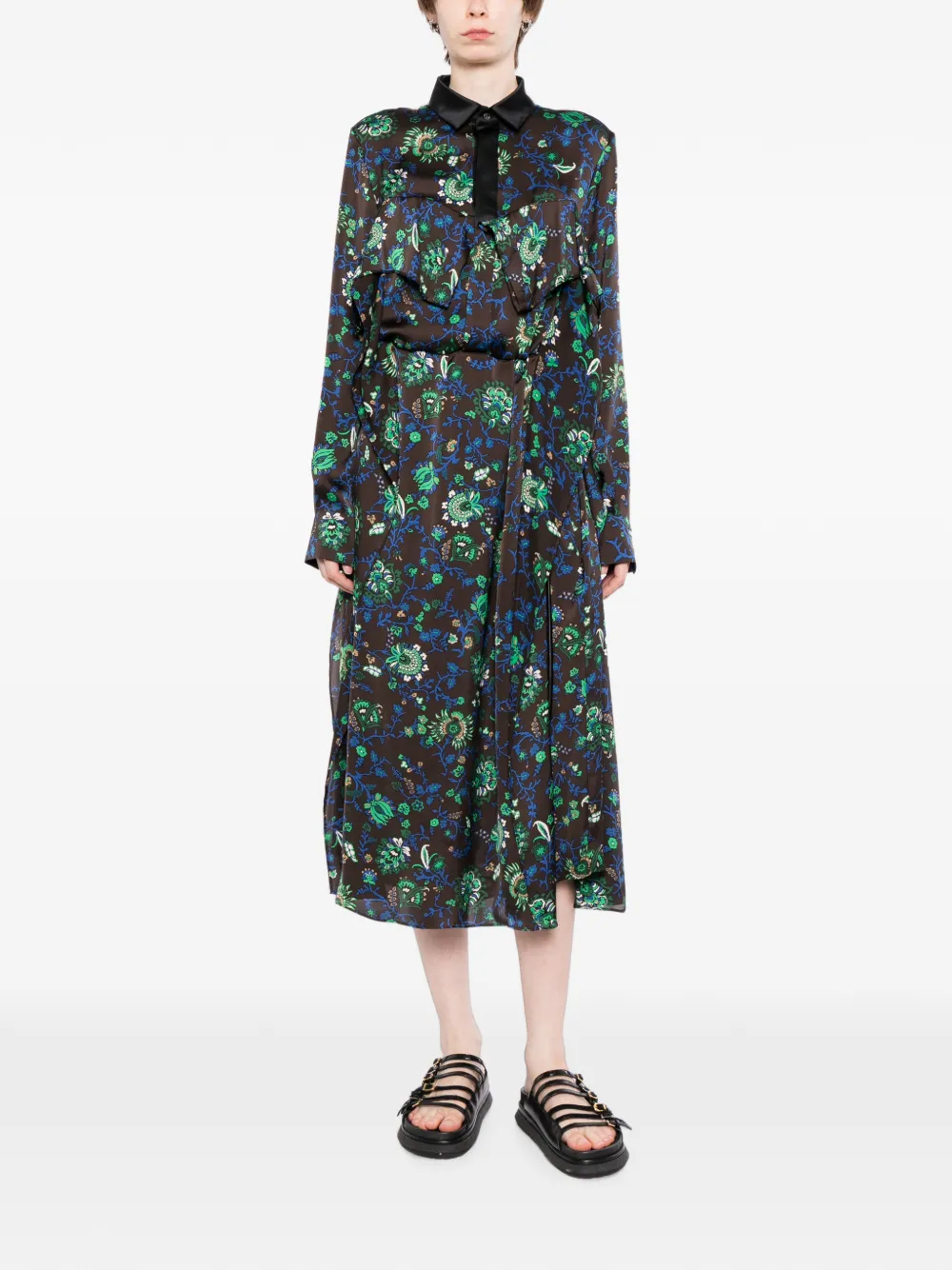 sacai Jurk met bloemenprint en ruches Bruin