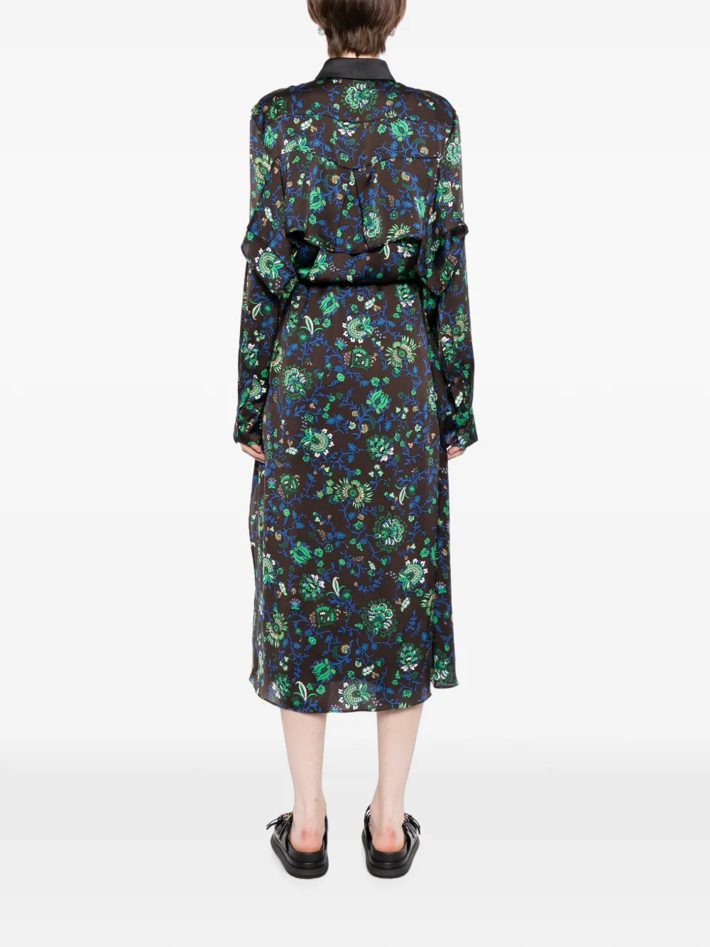 sacai Jurk met bloemenprint en ruches Bruin