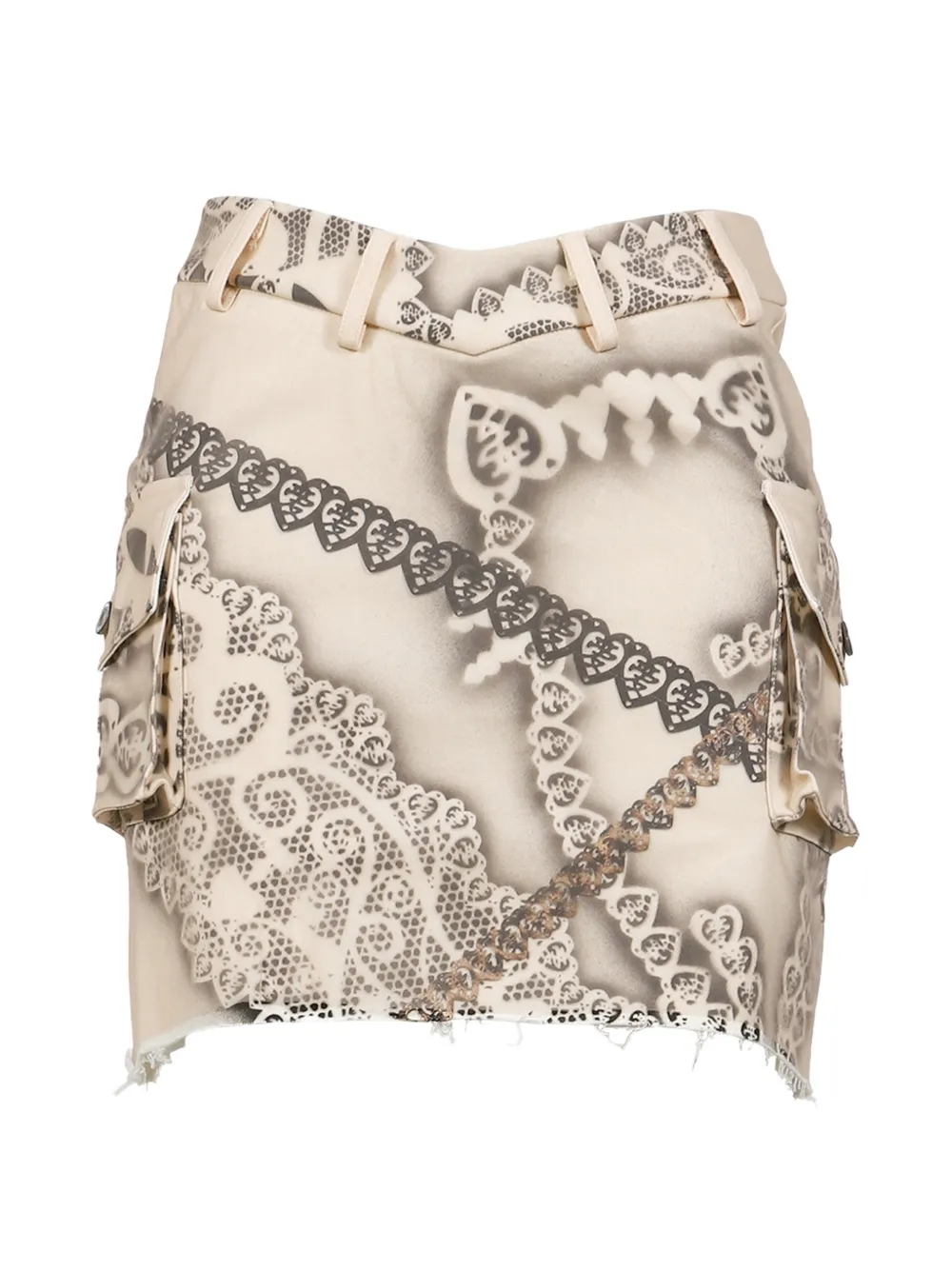 Yueqi Qi Feline lace-print frayed mini skirt - Toni neutri