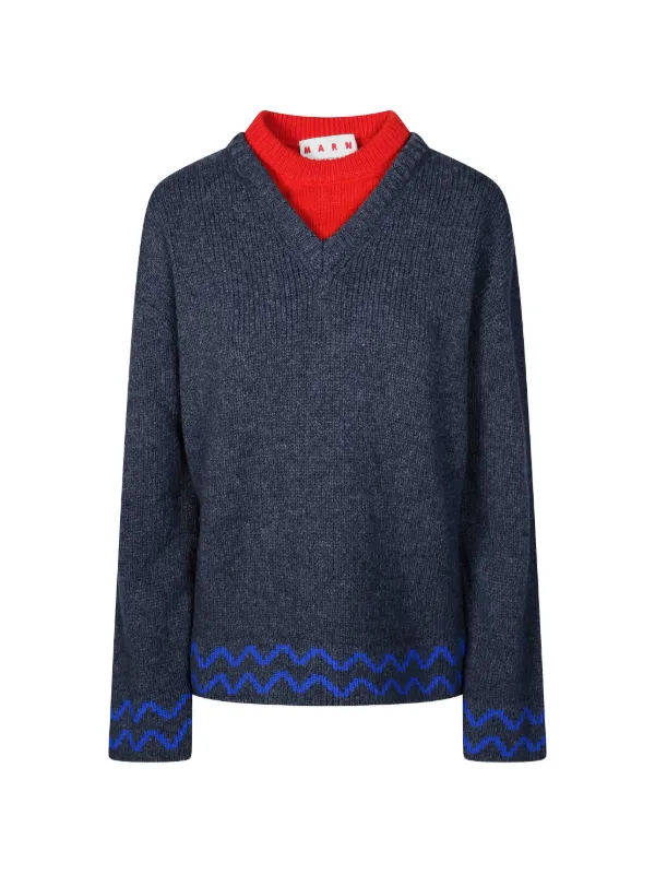 Marni Chevron-pattern Layered-effect Sweater in Blue