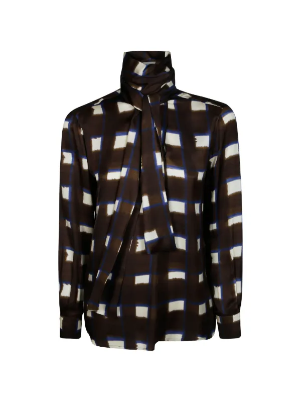 Incotex Check-print Pussy-bow Blouse in Brown