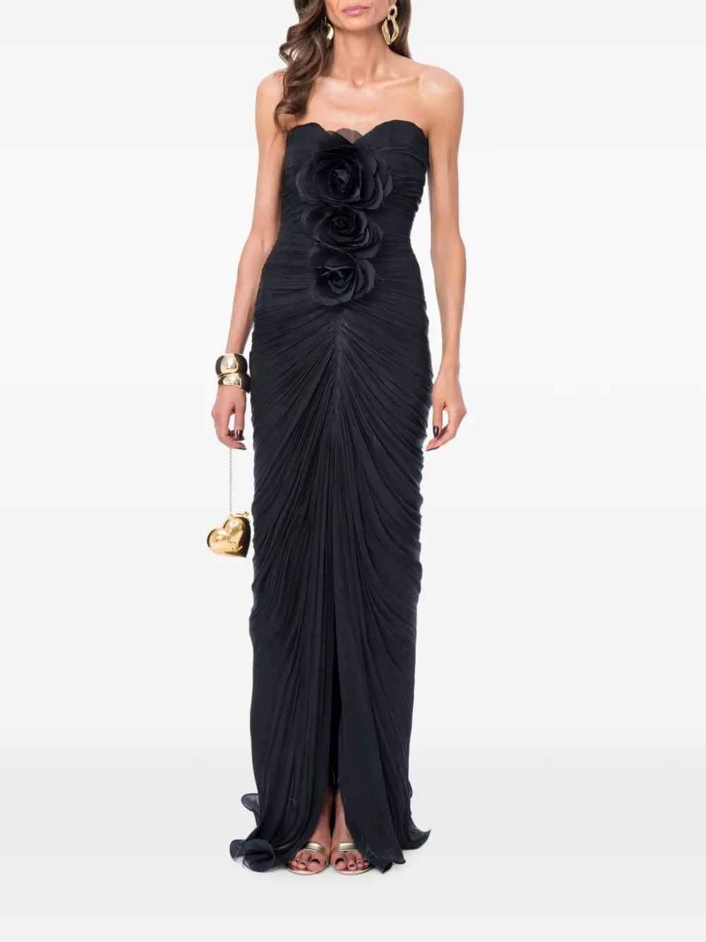 Ana Radu floral-appliqué ruched maxi dress - Nero