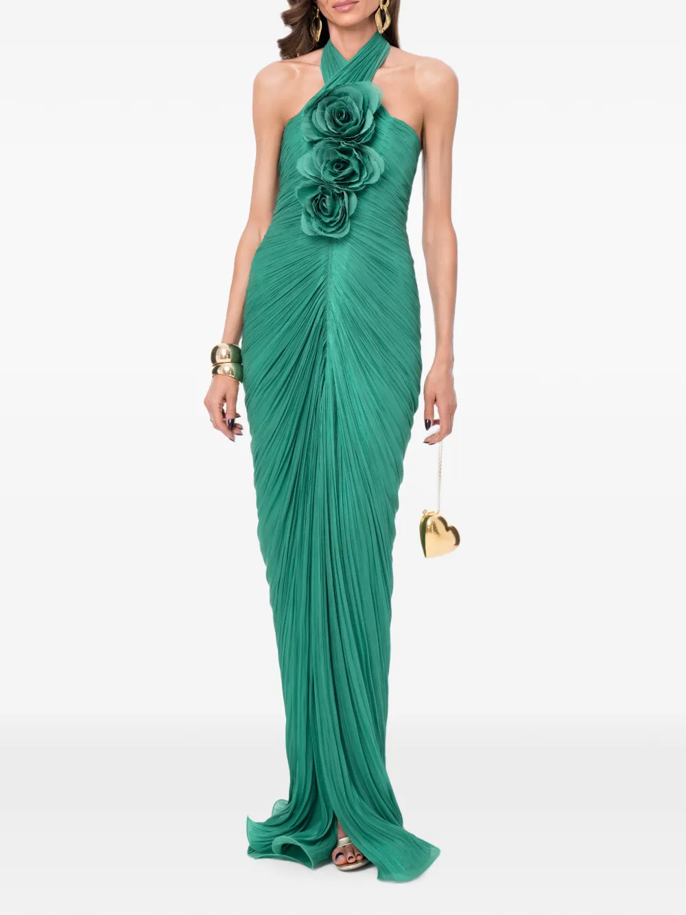 Ana Radu floral-appliqué ruched maxi dress - Verde